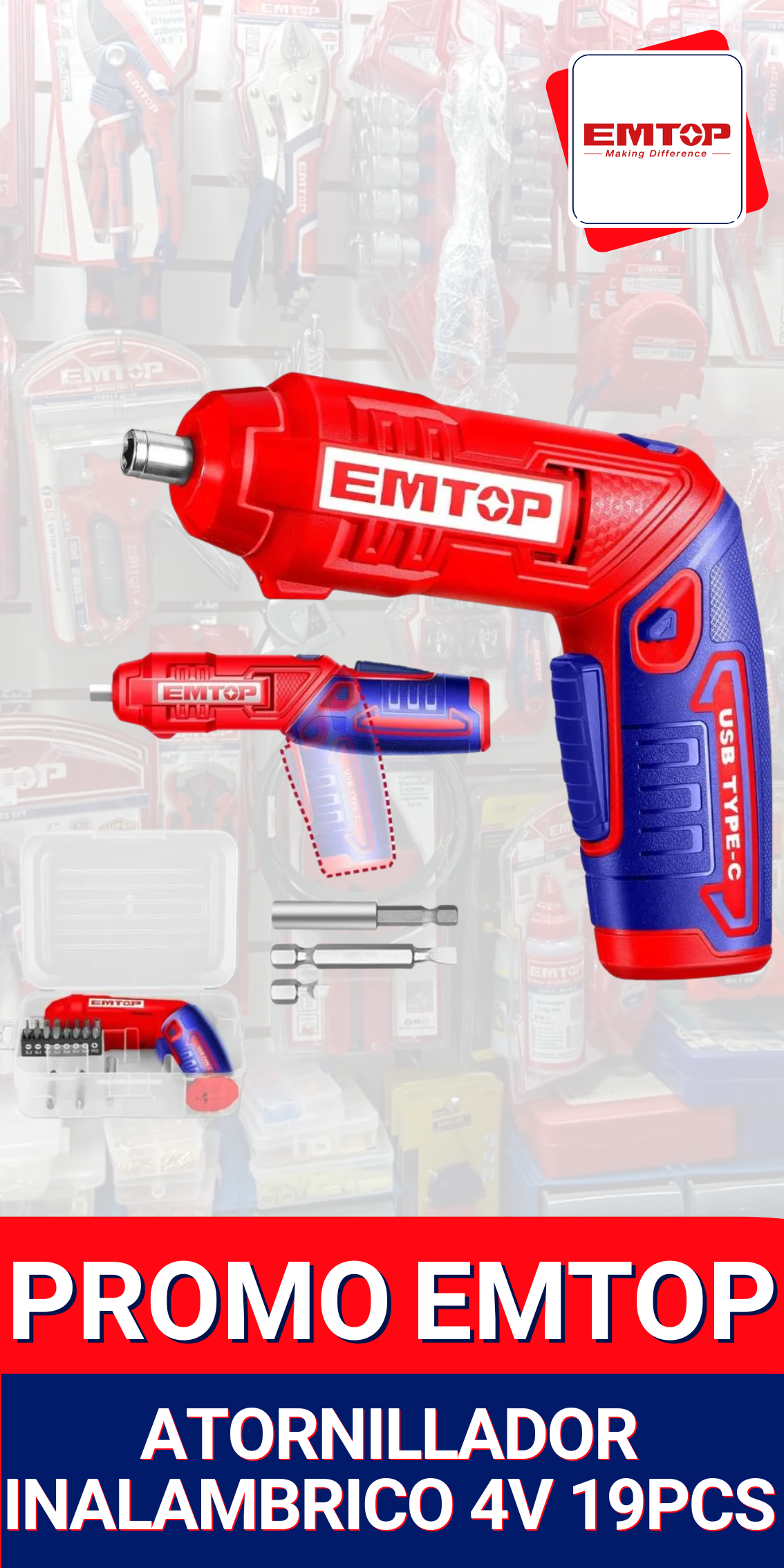 Atornillador Inalámbrico EMTOP 4V con 19 piezas – Compacto, potente y versátil - Mercacity Colombia