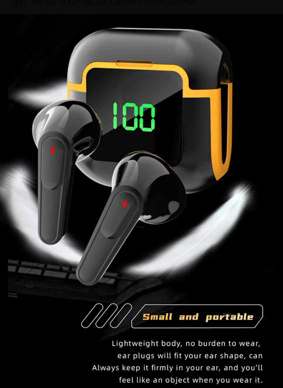 Audífonos Bluetooth con Pantalla LED, Cancelación de Ruido y Estuche Digital - Diseño Deportivo Negro/Amarillo - Mercacity Colombia