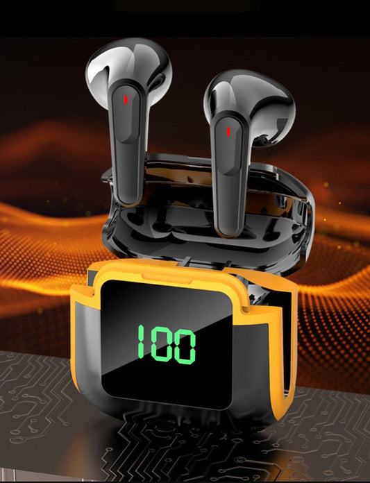 Audífonos Bluetooth con Pantalla LED, Cancelación de Ruido y Estuche Digital - Diseño Deportivo Negro/Amarillo - Mercacity Colombia
