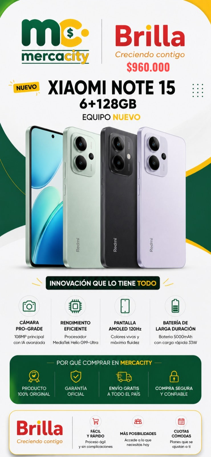 Xiaomi Note 15 128GB | Potencia, Fluidez y Cámara Profesional - Mercacity Colombia