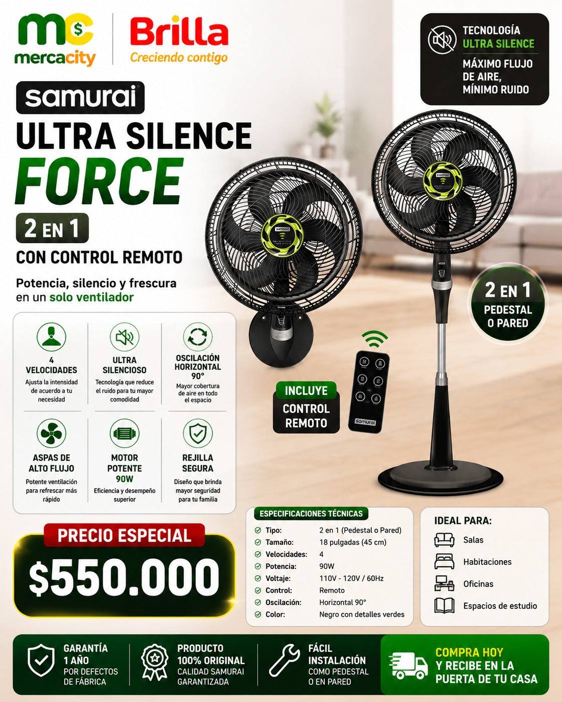 SAMURAI ULTRA SILENCE FORCE 2 EN 1 PEDESTAL O PARED CON CONTROL REMOTO - Mercacity Colombia