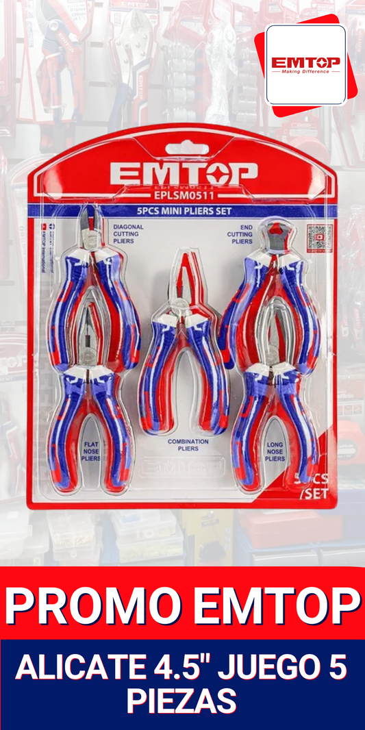 Juego de Alicates EMTOP 4.5" – Set de 5 piezas profesionales - Mercacity Colombia