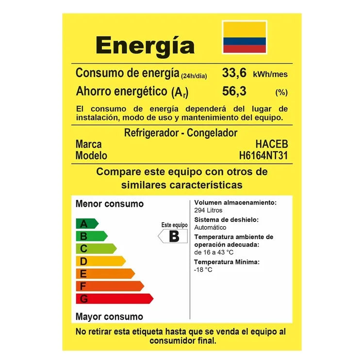 Nevera Haceb N311 No Frost 294 L – Manija Interna Titanio / Gris Plomo, Eficiencia Energética B - Mercacity Colombia