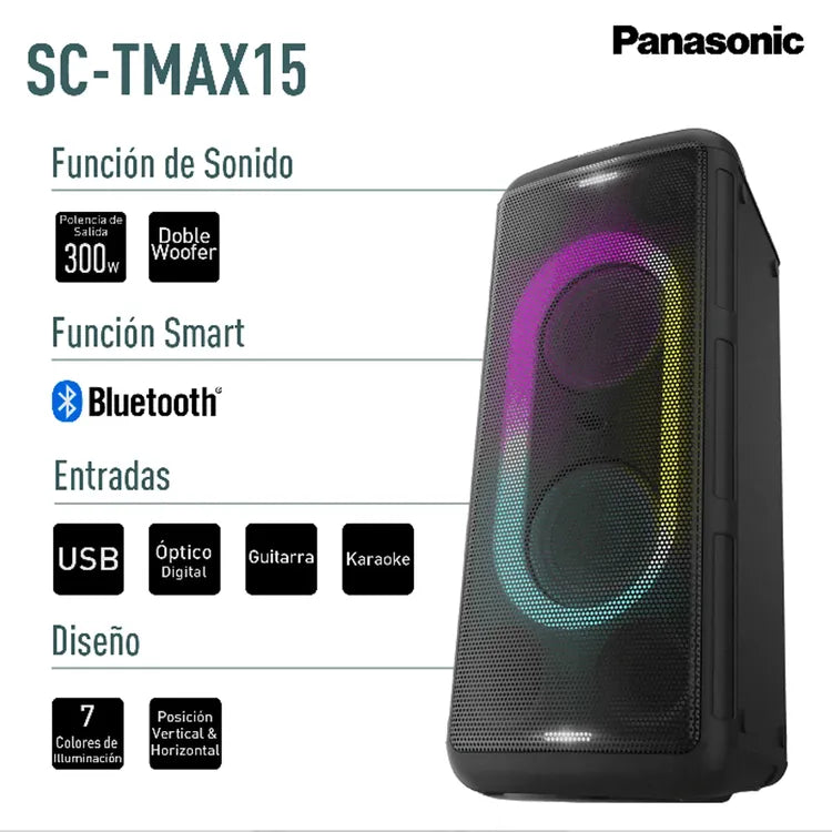 Torre de Sonido Panasonic SC-TMAX15 300 W RMS – Doble Woofer & Iluminación LED - Mercacity Colombia