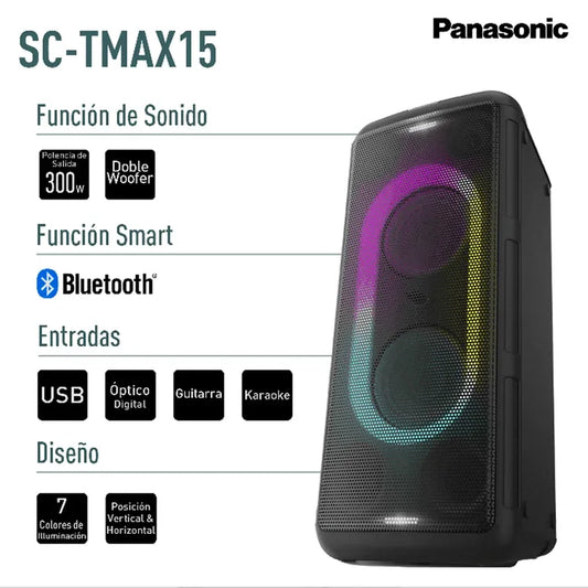 Torre de Sonido Panasonic SC-TMAX15 300 W RMS – Doble Woofer & Iluminación LED - Mercacity Colombia