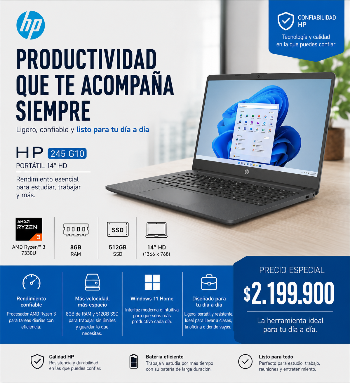 Portátil HP 245 G10 AMD Ryzen 3 8GB 512GB SSD 14" HD - Mercacity Colombia