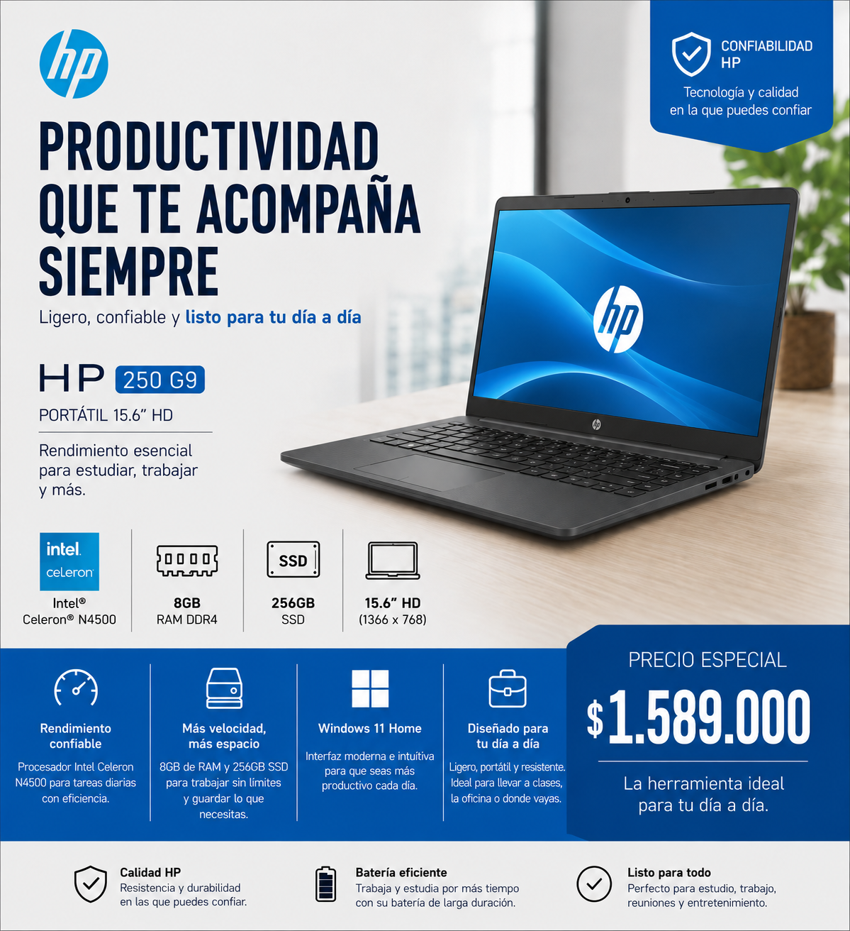 HP 250 G9 Portátil 15.6" HD Intel Celeron N4500 8GB RAM 256GB SSD Windows 11 - Mercacity Colombia