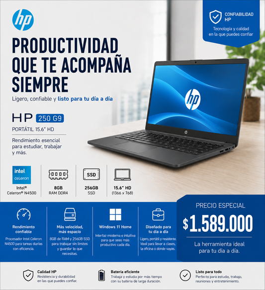 HP 250 G9 Portátil 15.6" HD Intel Celeron N4500 8GB RAM 256GB SSD Windows 11 - Mercacity Colombia