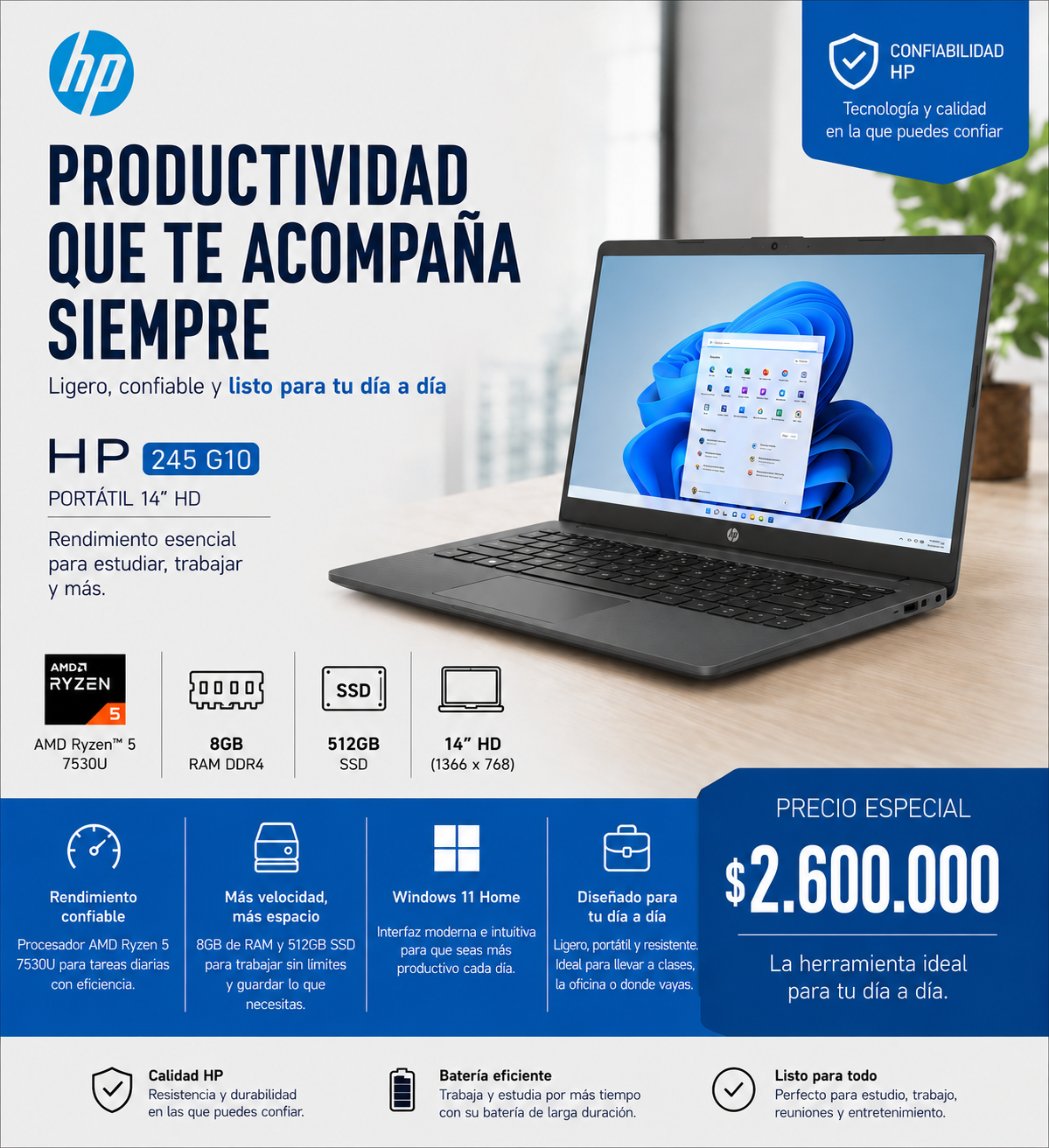 HP 245 G10 Portátil 14" HD AMD Ryzen 5 7530U 8GB RAM 512GB SSD Windows 11 - Mercacity Colombia