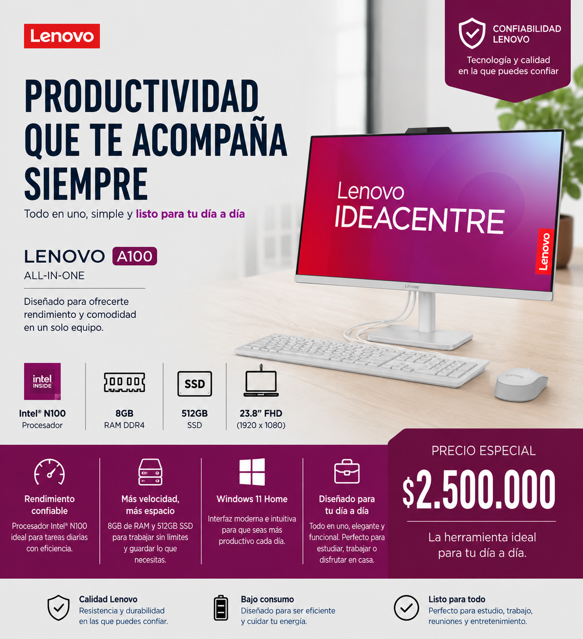 Lenovo IdeaCentre A100 All-in-One 23.8" FHD Intel N100 8GB RAM 512GB SSD Windows 11 - Mercacity Colombia
