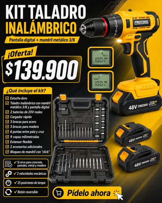 Kit Taladro Inalámbrico Protool + 2 Baterías y Accesorios