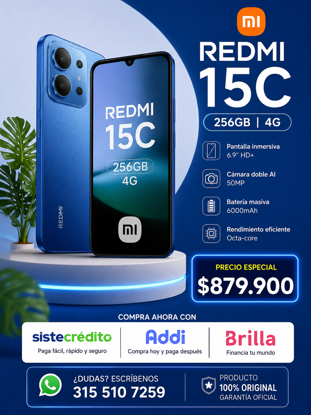 Redmi 15C 256GB 4G Azul – Smartphone Xiaomi con Gran Almacenamiento y Batería de Larga Duración - Mercacity Colombia