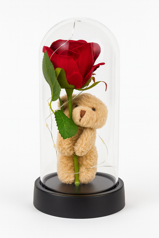 🌹 Oso con Rosa y Luces LED en Campana de Vidrio – El detalle perfecto para regalar - Mercacity Colombia