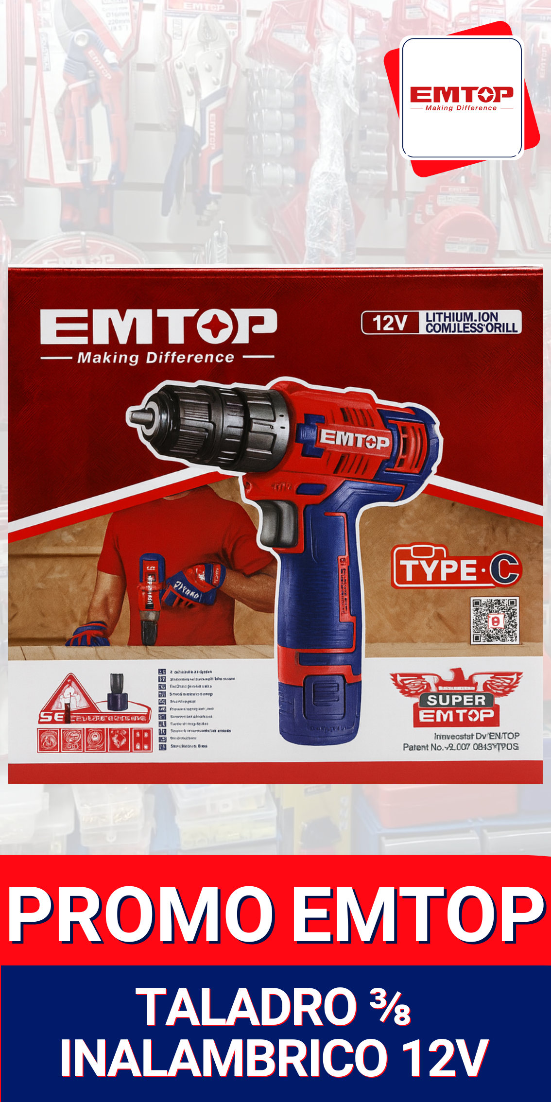 🔧 Taladro Inalámbrico EMTOP 12V 3/8 – Potencia y Comodidad en tus manos - Mercacity Colombia