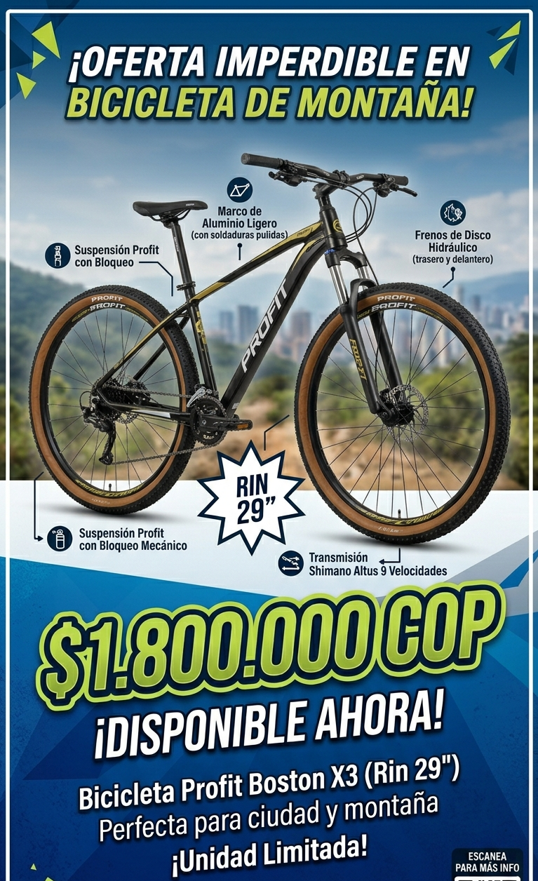 Bicicleta de Montaña Profit Boston X3 - Rin 29" | Shimano Altus 9V - Mercacity Colombia