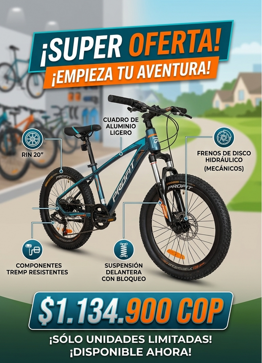 Bicicleta MTB Profit Rin 20" - Aluminio Ligero con Suspensión y Frenos de Disco - Mercacity Colombia