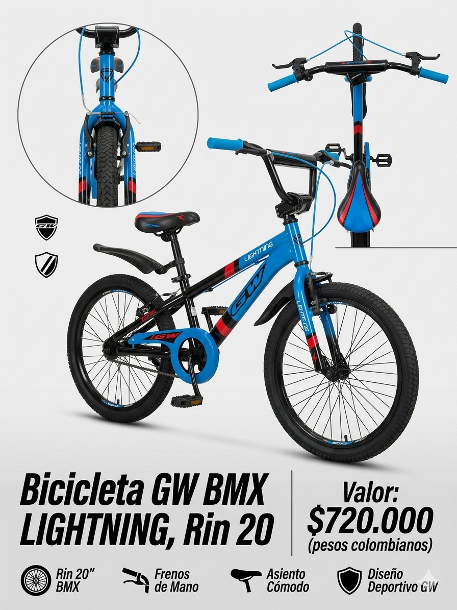 Bicicleta BMX GW Lightning Rin 20 - Azul | Diseño Deportivo y Resistente - Mercacity Colombia