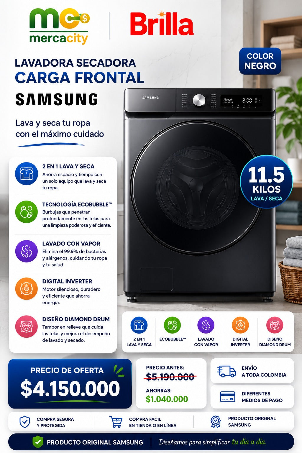 LAVADORA SECADORA SAMSUNG CARGA FRONTAL 11.4 KILOS - Mercacity Colombia
