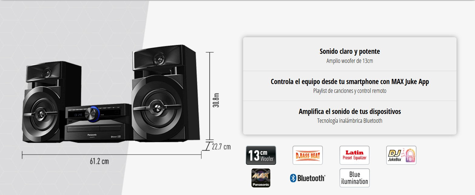 Minicomponente Panasonic SC-AKX110 300 W RMS – Equipo de Sonido Bluetooth, USB & Ecualizador Latino - Mercacity Colombia