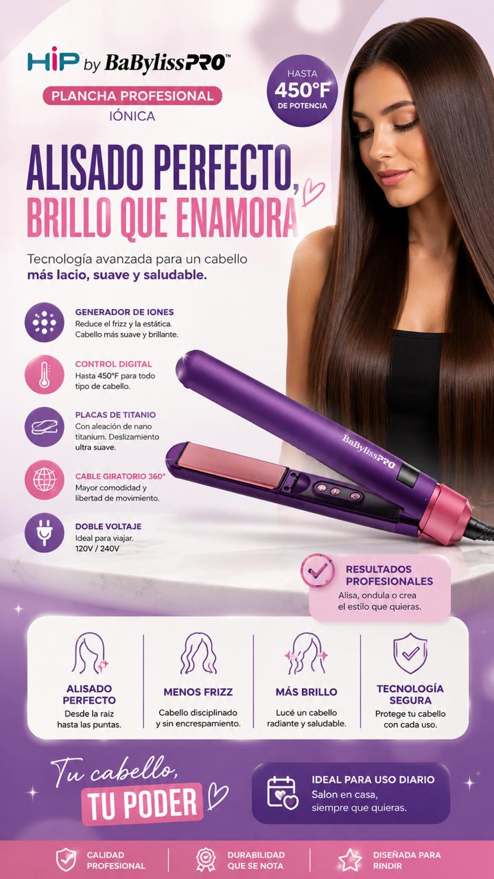 Plancha Profesional Iónica HIP by BabylissPRO 450°F | Alisado Perfecto y Brillo Radiante - Mercacity Colombia