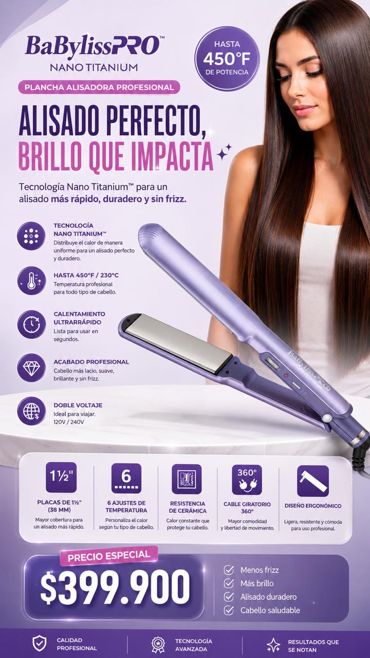 Plancha BabylissPRO Nano Titanium 1½" Profesional 450°F | Alisado Rápido y Brillo Extremo - Mercacity Colombia