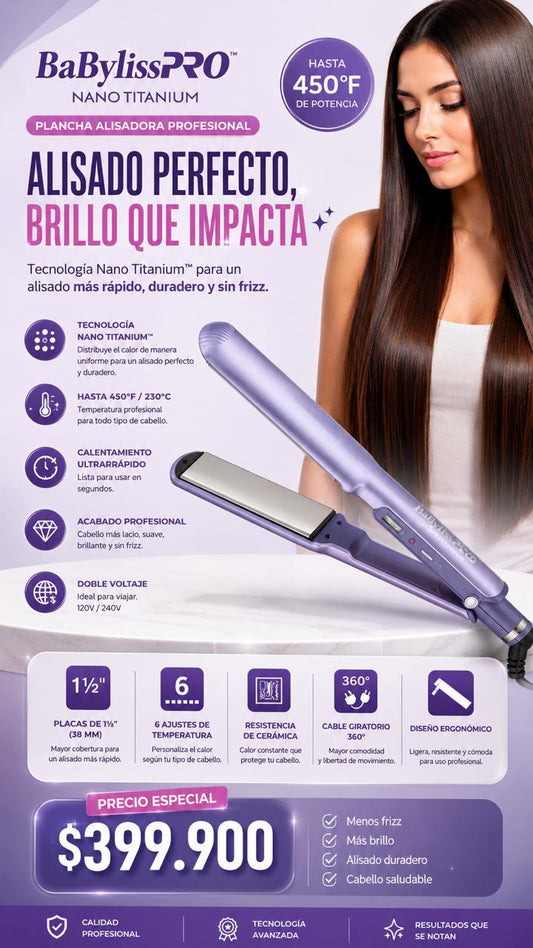 Plancha BabylissPRO Nano Titanium 1½" Profesional 450°F | Alisado Rápido y Brillo Extremo - Mercacity Colombia