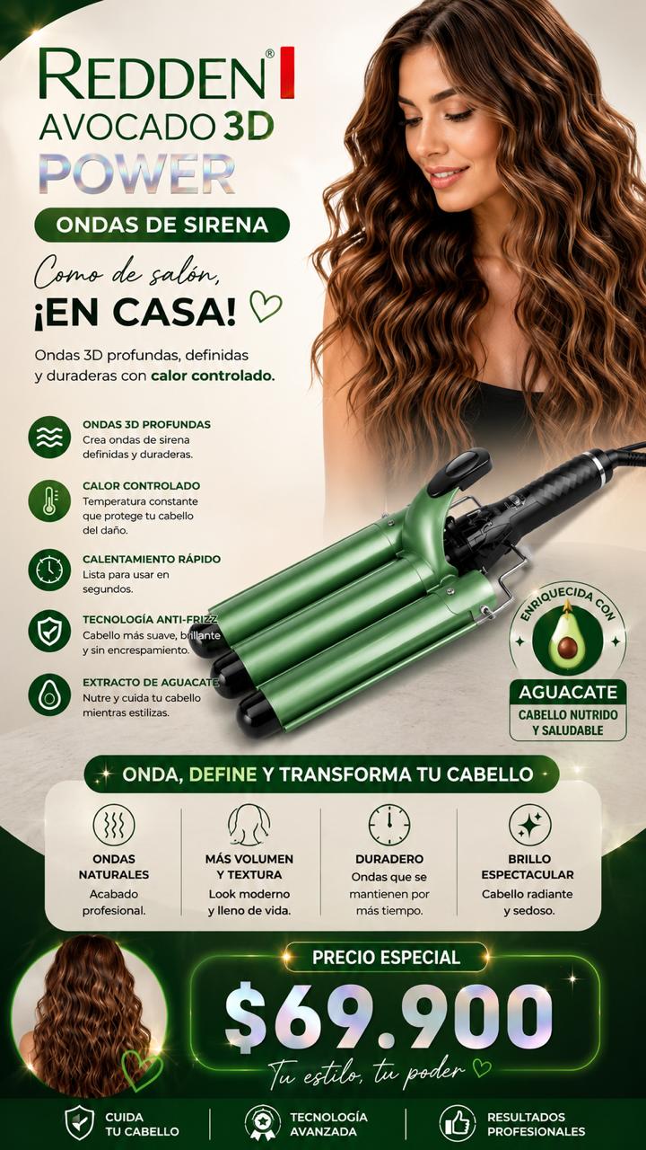 Ondulador Triple Redden Avocado 3D Power | Ondas de Sirena Profesionales en Casa - Mercacity Colombia