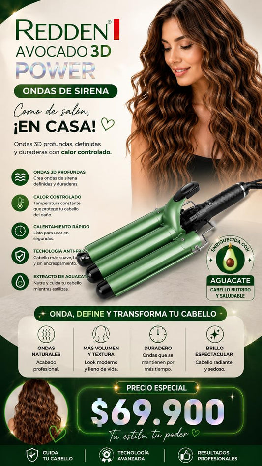 Ondulador Triple Redden Avocado 3D Power | Ondas de Sirena Profesionales en Casa - Mercacity Colombia