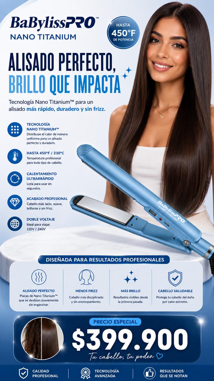 Plancha BabylissPRO Nano Titanium Profesional Hasta 450°F | Alisado Perfecto Sin Frizz - Mercacity Colombia