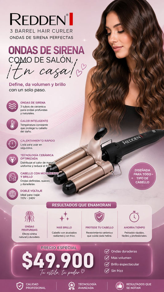 Ondulador Triple Redden 3 Barrel Hair Curler | Ondas de Sirena Profesionales - Mercacity Colombia