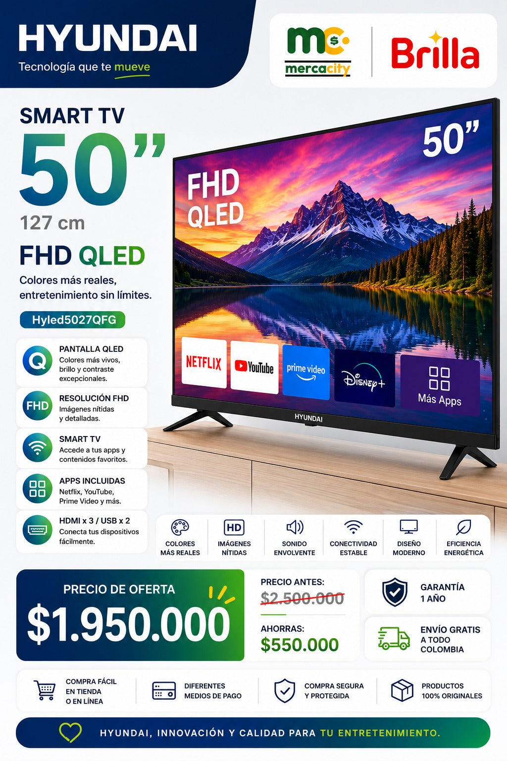 TELEVISOR HYUNDAI 50" PULGADAS SMART TV FHD QLED - Mercacity Colombia