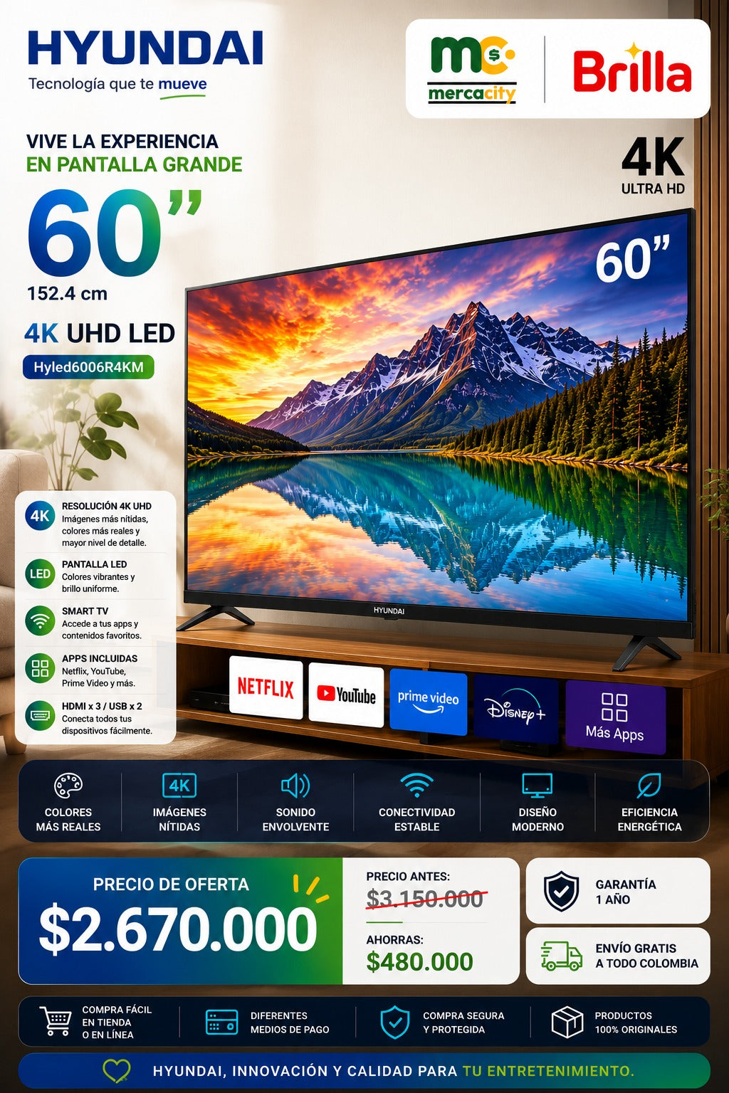 TELEVISOR HYUNDAI 60" PULGADAS 4K UHD LED - Mercacity Colombia