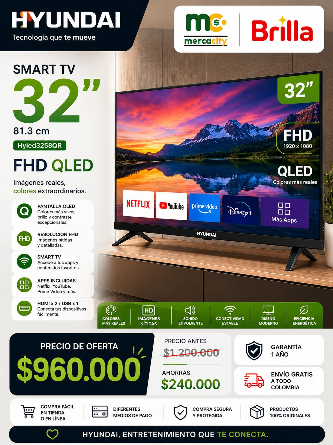 TELEVISOR HYUNDAI 32" PULGADAS FHD QLED SMART TV - Mercacity Colombia