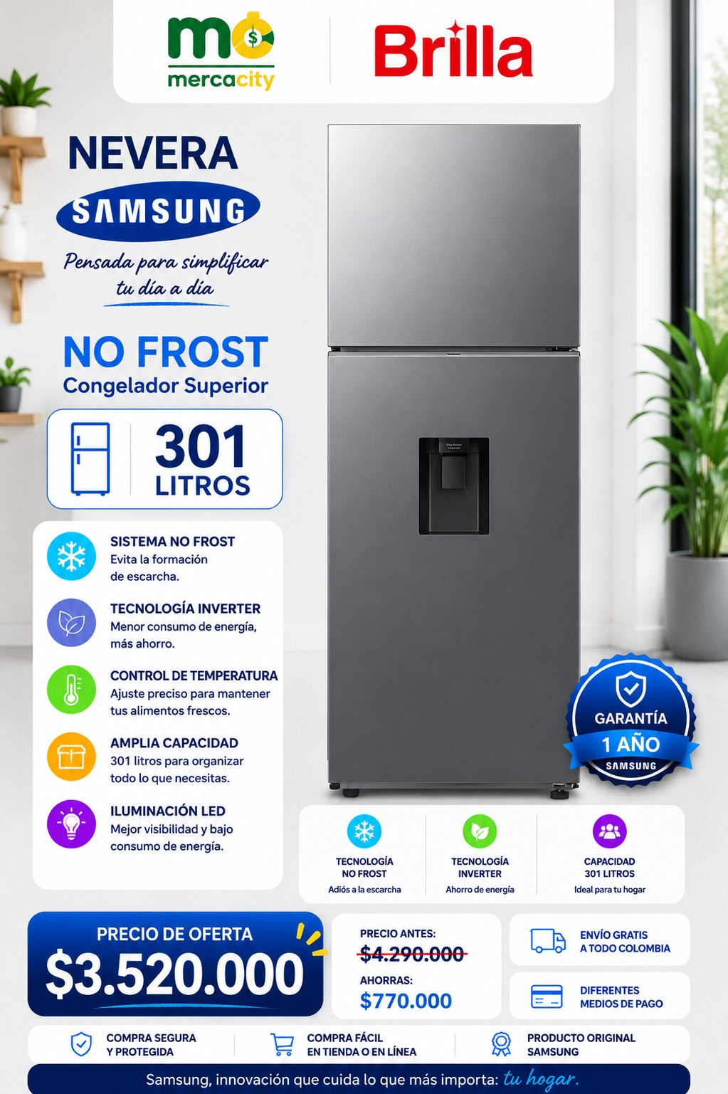 Nevera samsung NO FROST 301 LITROS - Mercacity Colombia
