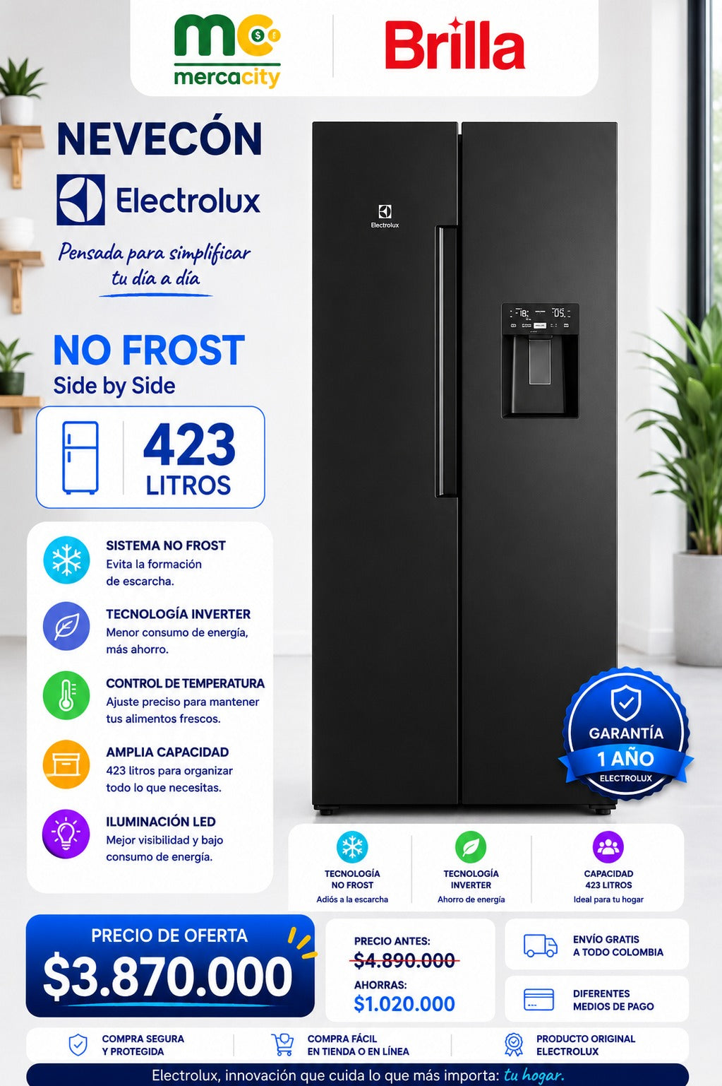NEVECON ELECTROLUX NO FROST SIDE BY SIDE 423 LITROS - Mercacity Colombia