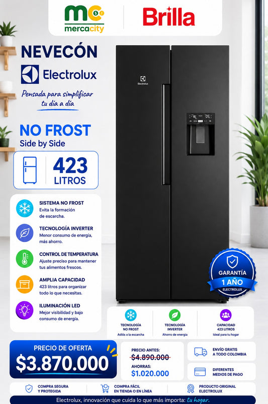 NEVECON ELECTROLUX NO FROST SIDE BY SIDE 423 LITROS - Mercacity Colombia