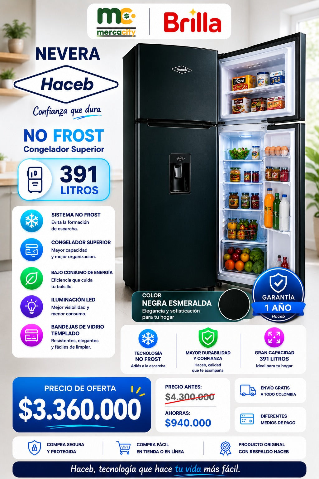 NEVERA HACEB NO FROST 391 LITROS - Mercacity Colombia