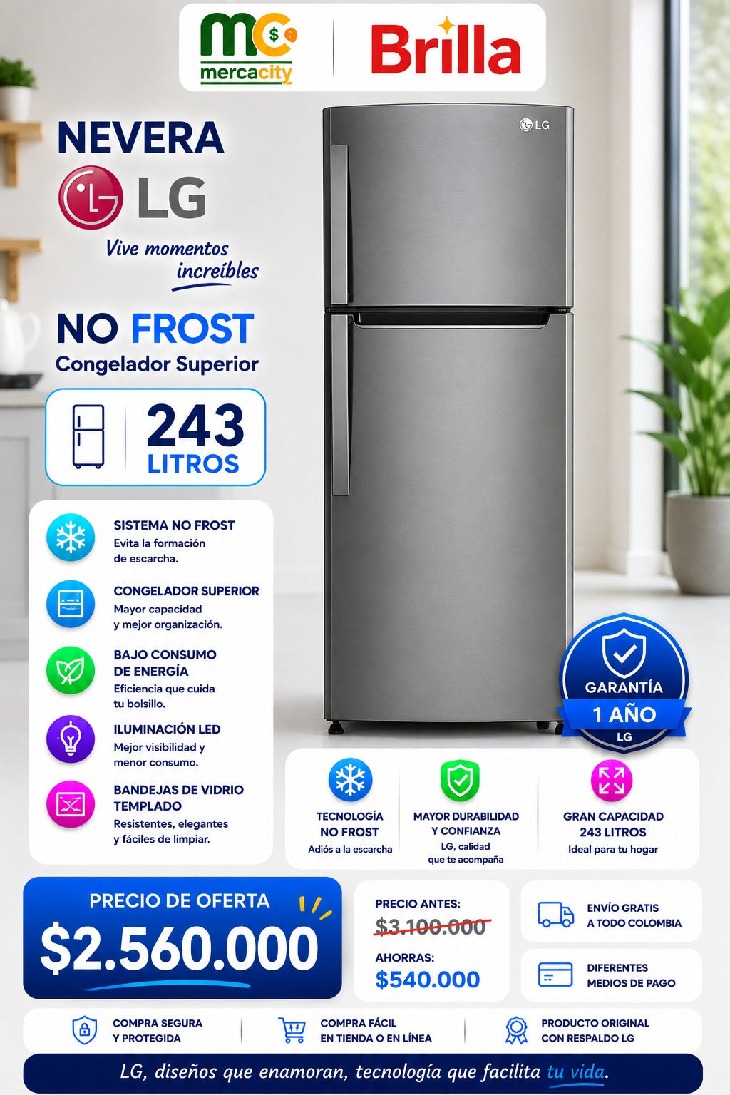 NEVERA LG NO FROST 243 LITROS - Mercacity Colombia