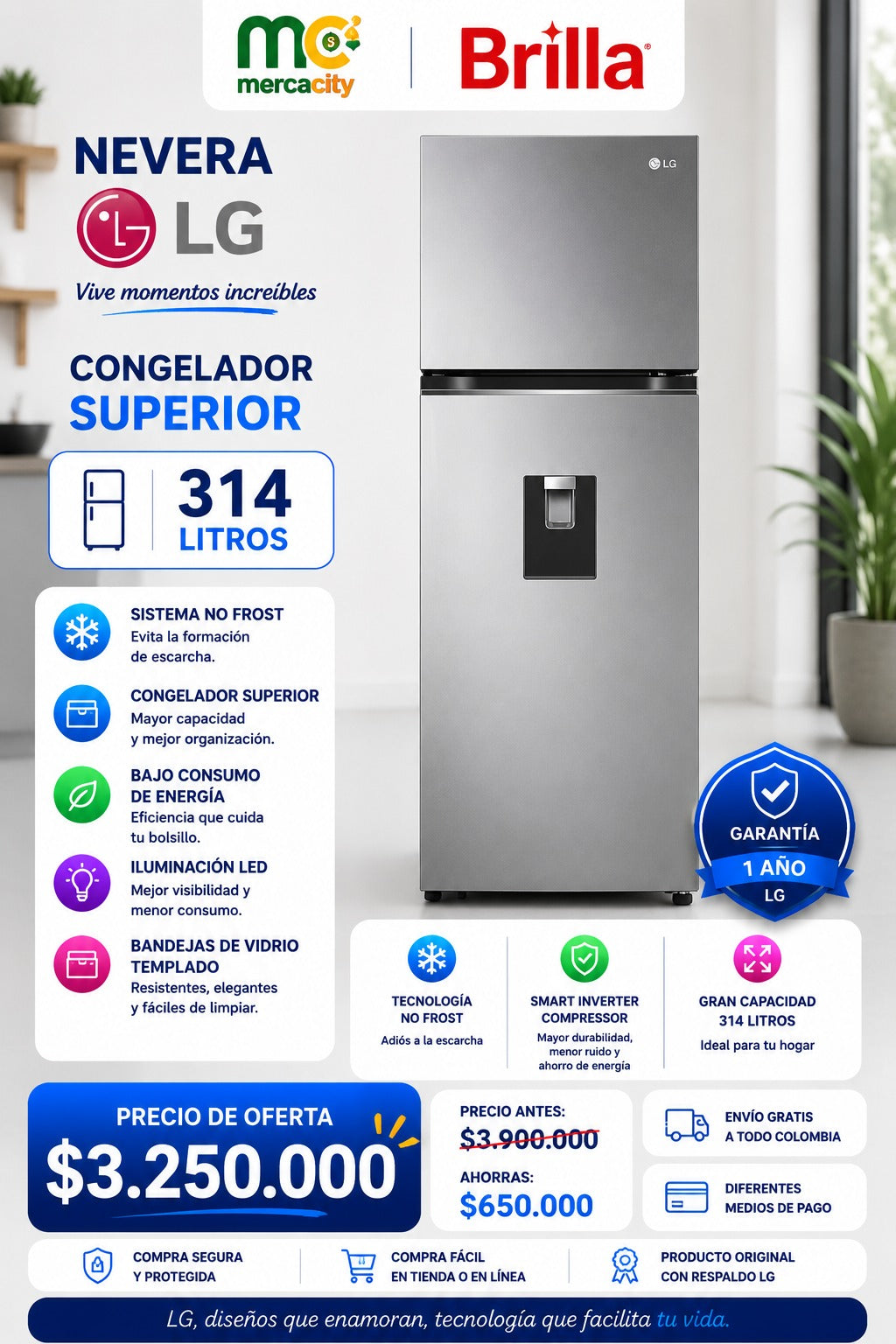 NEVERA LG CONGELADOR SUPERIOR 314 LITROS - Mercacity Colombia