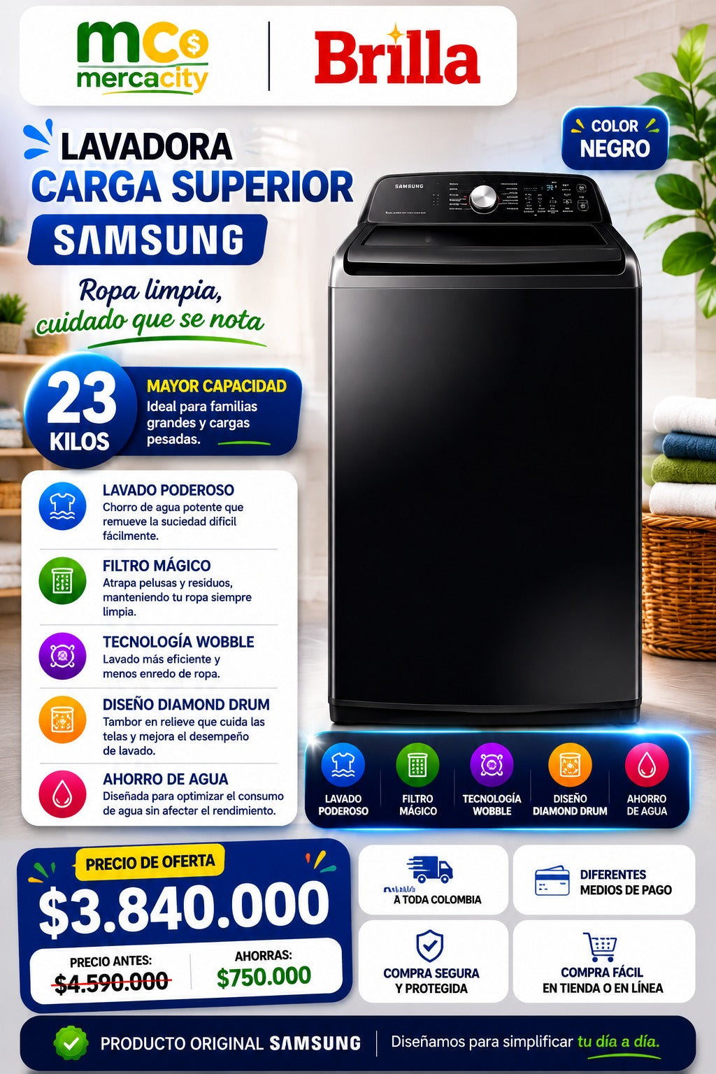 LAVADORA SAMSUNG CARGA SUPERIOR 23 KILOS COLOR NEGRO - Mercacity Colombia