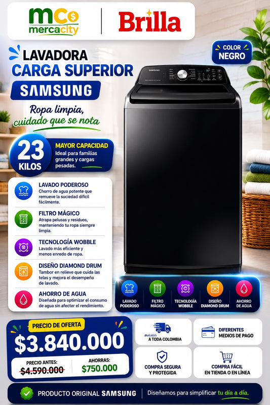 LAVADORA SAMSUNG CARGA SUPERIOR 23 KILOS COLOR NEGRO - Mercacity Colombia