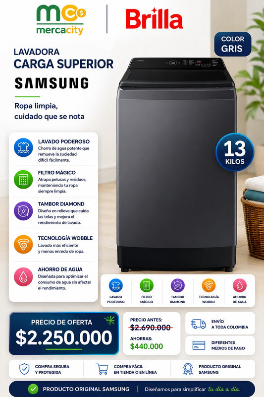 LAVADORA SAMSUNG CARGA SUPERIOR 13 KILOS COLOR GRIS - Mercacity Colombia