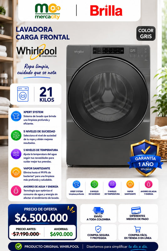 LAVADORA WHIRPOOL CARGA FRONTAL 21 KILOS COLOR GRIS - Mercacity Colombia