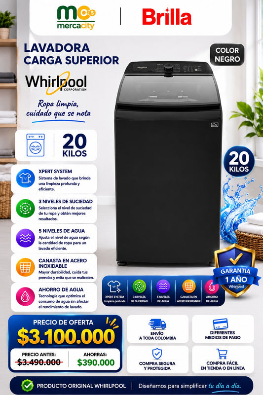 LAVADORA WHIRLPOOL CARGA SUPERIOR 20 KILOS COLOR NEGRO - Mercacity Colombia