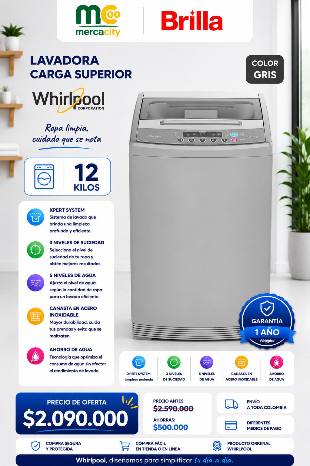 LAVADORA WHIRLPOOL CARGA SUPERIOR 12 KILOS COLOR GRIS - Mercacity Colombia