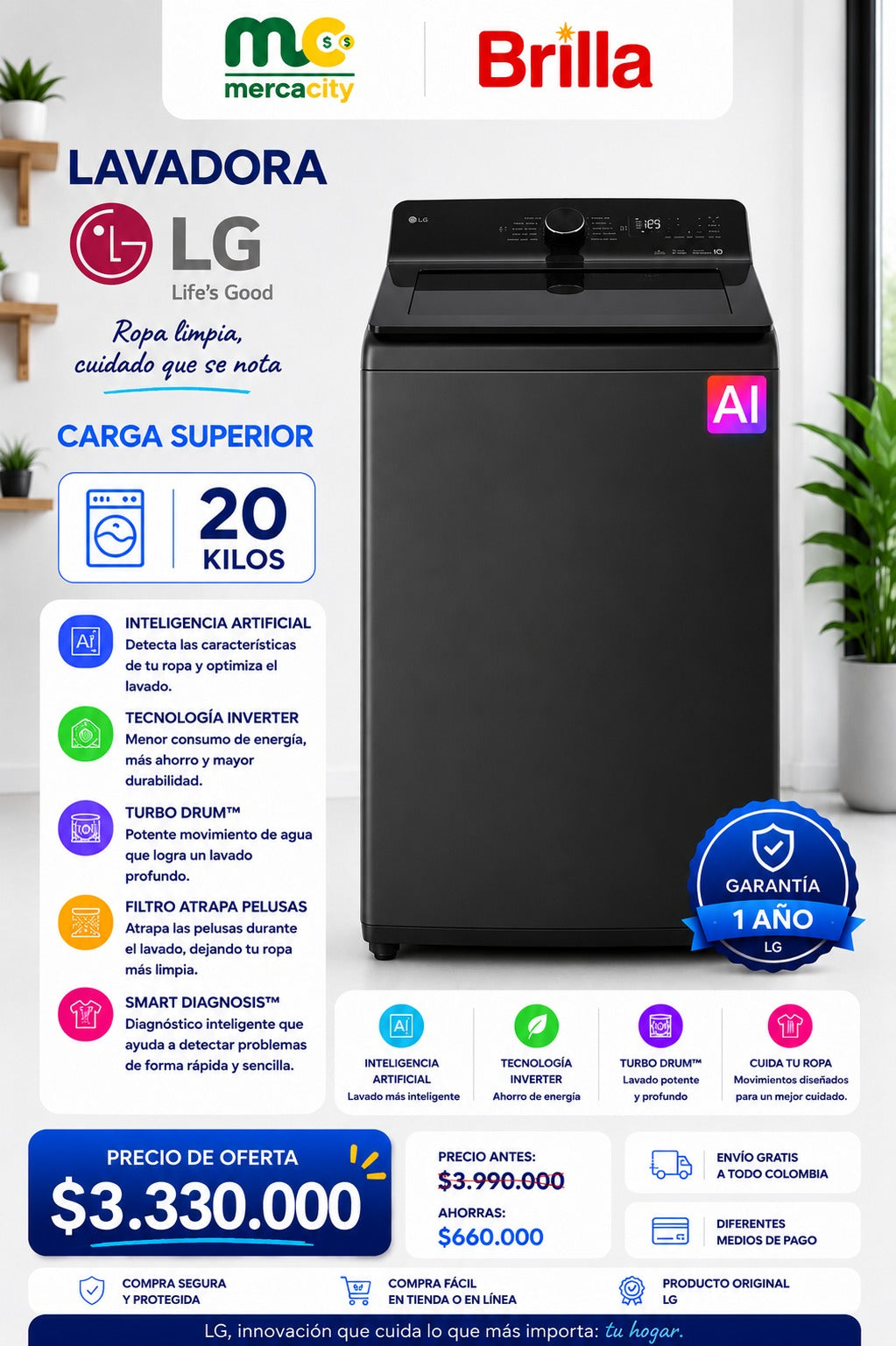 LAVADORA LG CARGA SUPERIOR 20 KILOS CON IA - Mercacity Colombia