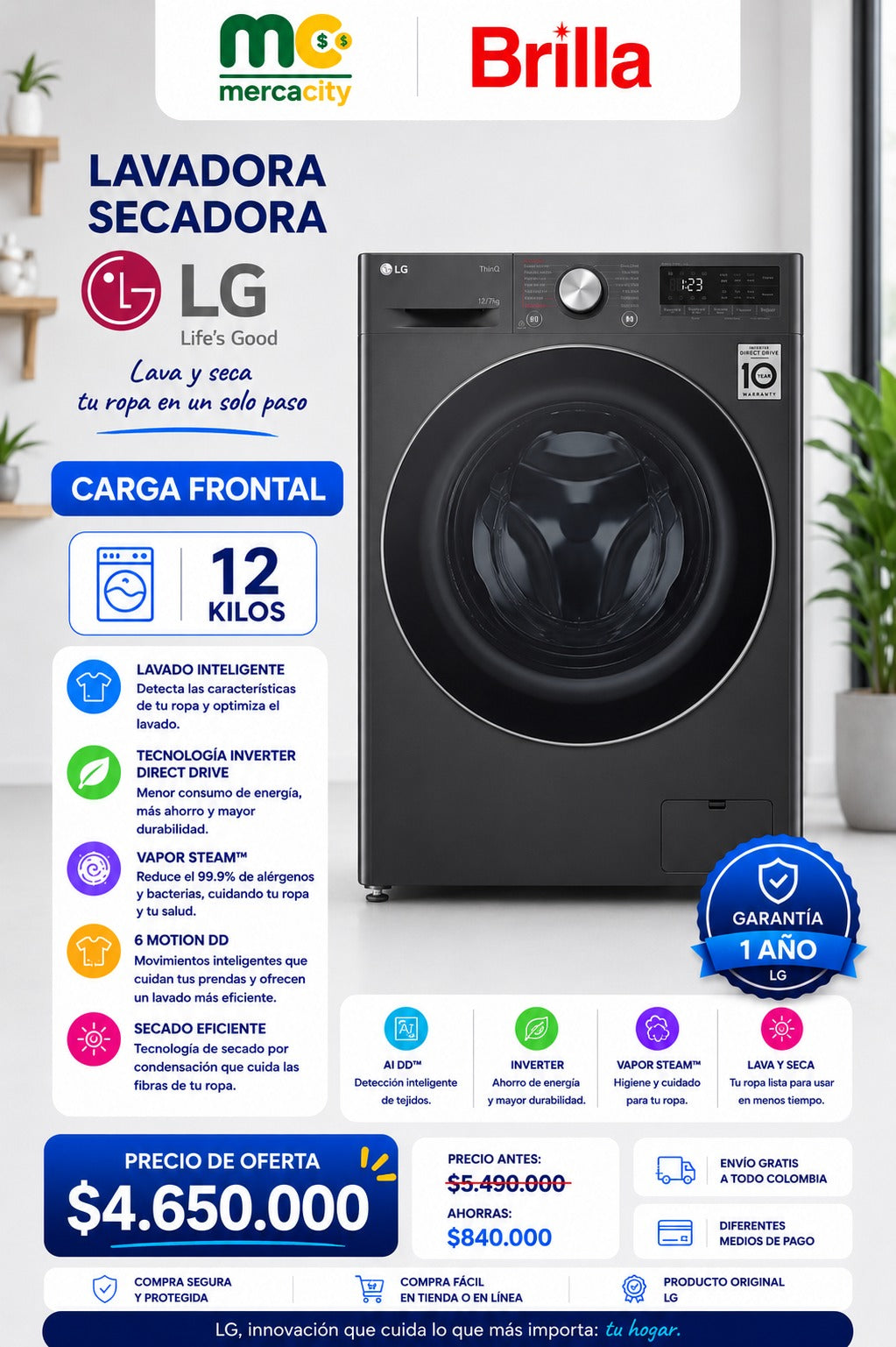 LAVADORA SECADORA LG CARGA FRONTAL 12 KILOS - Mercacity Colombia
