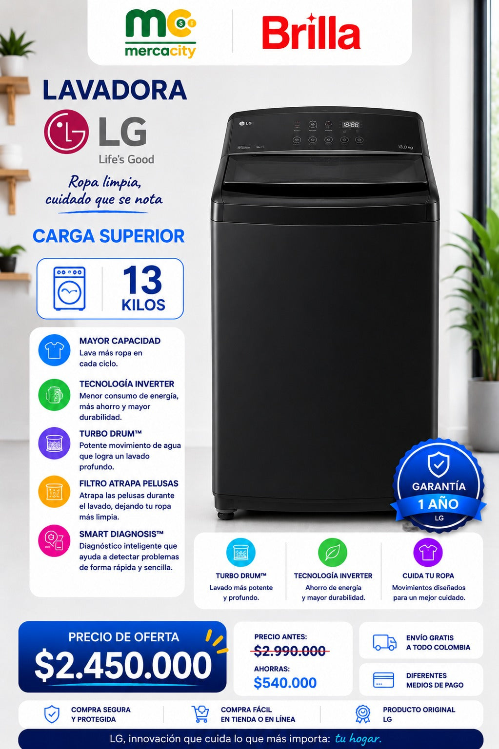 LAVADORA LG CARGA SUPERIOR 13 KILOS - Mercacity Colombia
