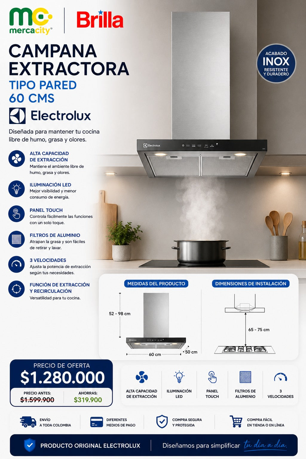CAMPANA EXTRACTORA TIPO PARED 60CM ELECTROLUX - Mercacity Colombia