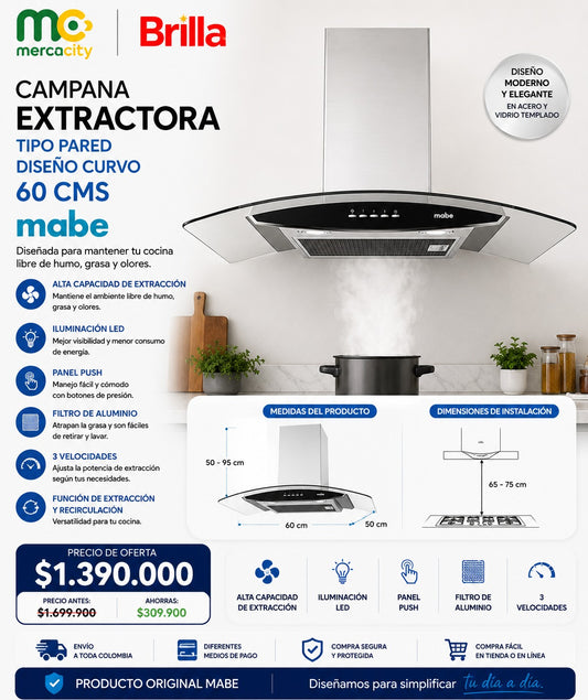 CAMPANA EXTRACTORA TIPO PARED DISEÑO CURVO 60CMS MABE - Mercacity Colombia